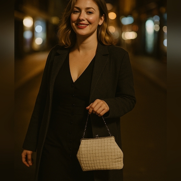 CFR/ Made in England/ Kiss snap closure/ Beige with gold thread/ Evening  bag - Picture 1 of 14